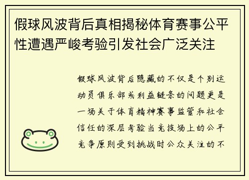 假球风波背后真相揭秘体育赛事公平性遭遇严峻考验引发社会广泛关注