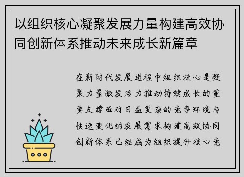 以组织核心凝聚发展力量构建高效协同创新体系推动未来成长新篇章